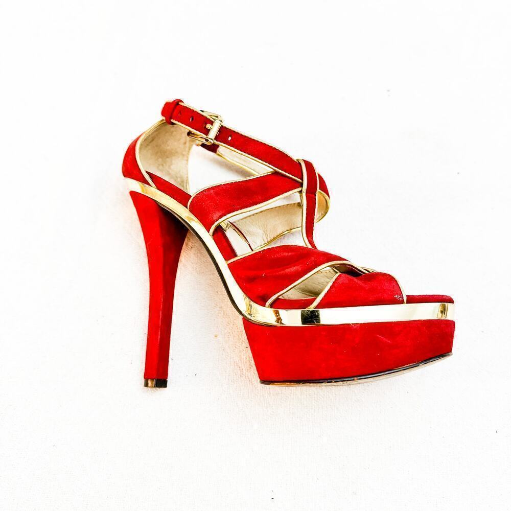 Michael Kors Suede Red Platform Pumps Gold Trimmed Size 6 - Picture 2 of 6